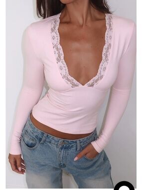 White Fox Boutique Pale Pink Lace-Trim Long Sleeve Top